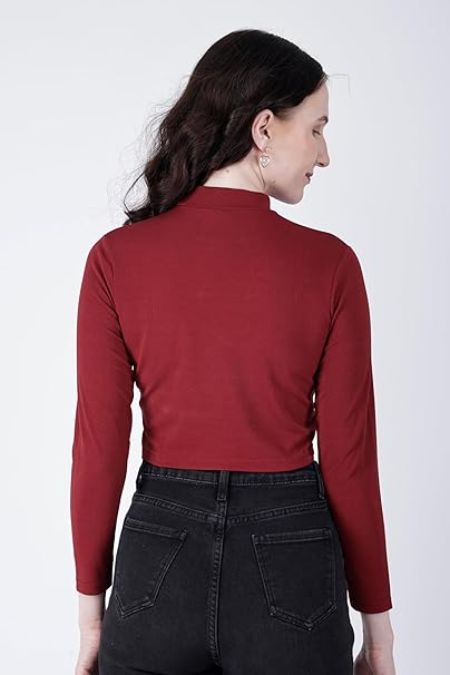 Women High Neck Maroon Crop Top - Image 2
