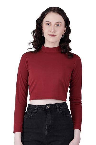 Women High Neck Maroon Crop Top