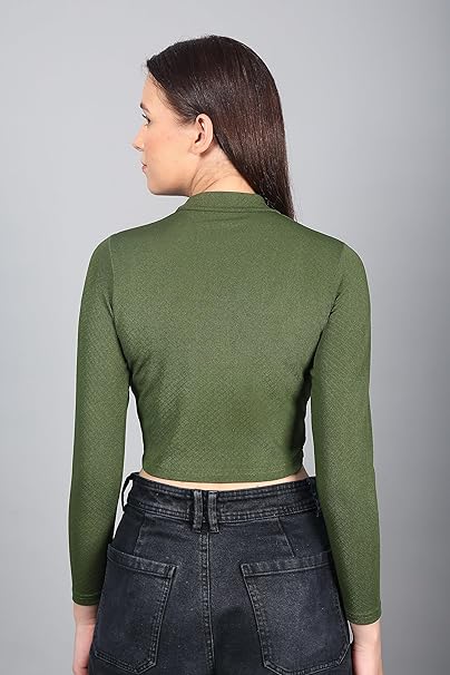 Women High Neck Olive Crop Top - Image 2