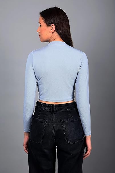 Women High Neck Light Blue Crop Top - Image 3