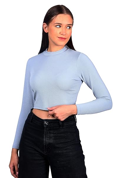 Women High Neck Light Blue Crop Top