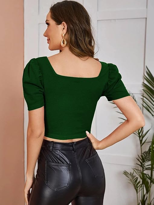 Women Puff Sleeve Green Crop Top - Image 2