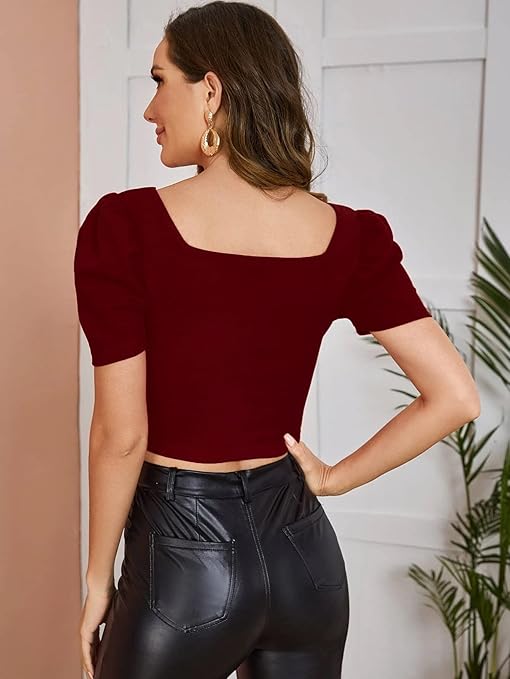Women Puff Sleeve Maroon Crop Top - Image 2