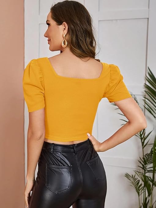 Women Puff Sleeve Mustard Crop Top - Image 2
