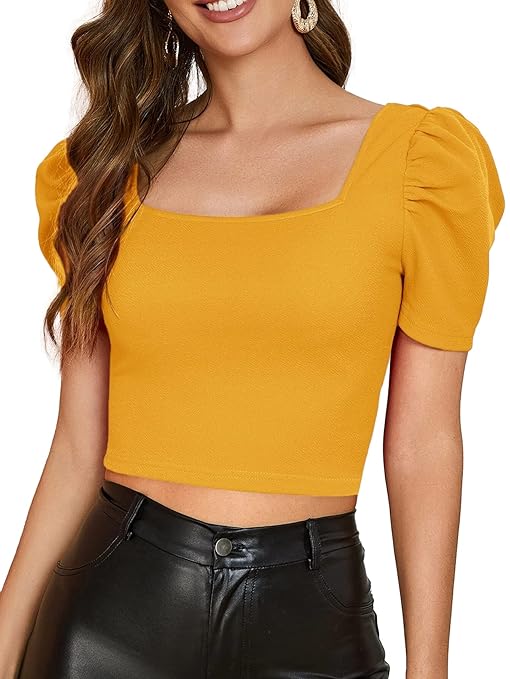 Women Puff Sleeve Mustard Crop Top