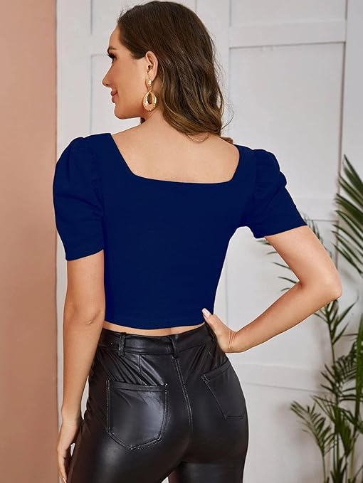 Women Puff Sleeve Navy Blue Crop Top - Image 2