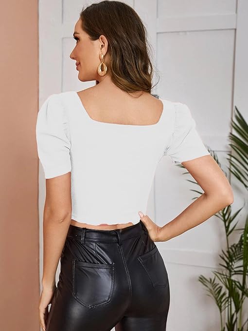 Women Puff Sleeve White Crop Top - Image 2