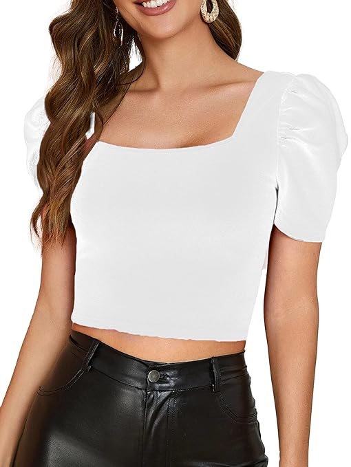 Women Puff Sleeve White Crop Top