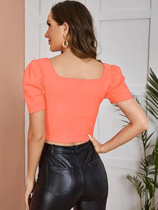 Women Puff Sleeve Orange Crop Top - Image 3