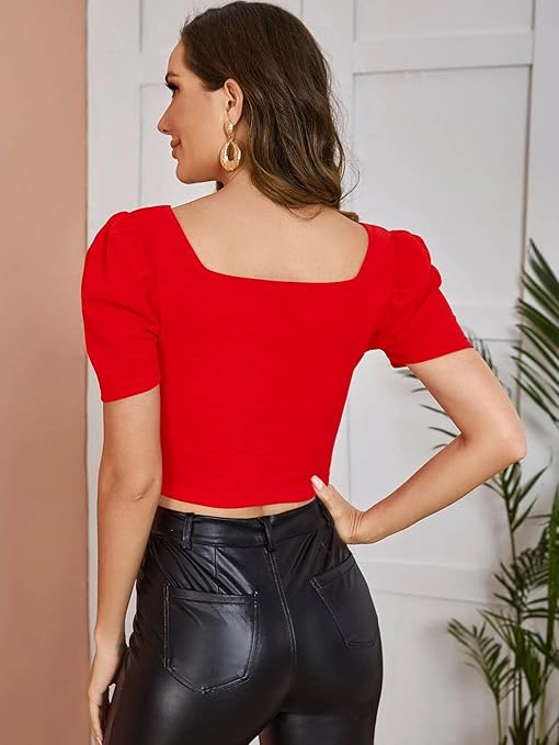 Women Puff Sleeve Red Crop Top - Image 2