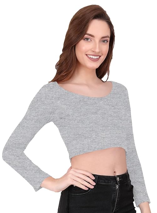 Women Solid Slim Fit Dark Grey Crop Top - Image 3
