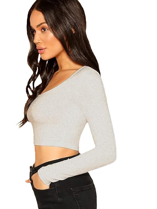 Women Solid Slim Fit Grey Crop Top - Image 3