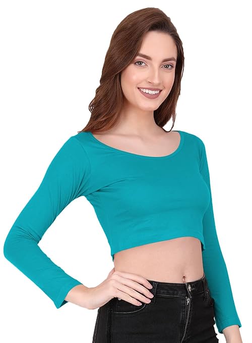 Women Solid Slim Fit Sky Blue Crop Top - Image 3
