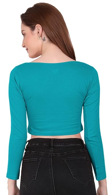 Women Solid Slim Fit Sky Blue Crop Top - Image 2