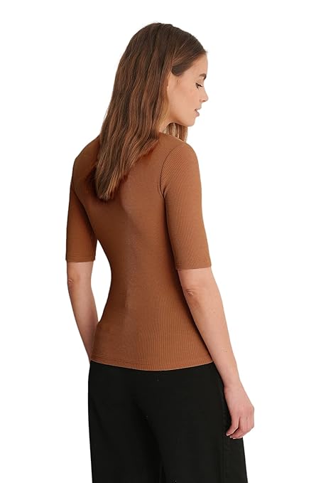 Women Round Neck Solid Coffee Brown Top - Image 2