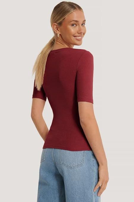 Women Round Neck Solid Maroon Top - Image 2