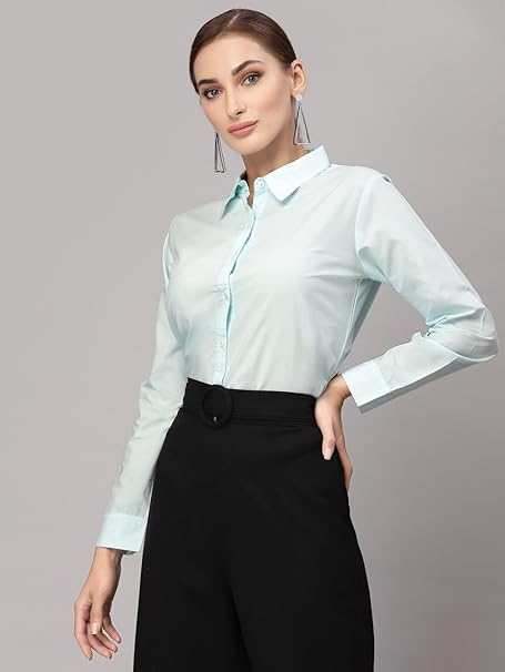 Women Cotton Regular Formal Blue Shirt - Image 3