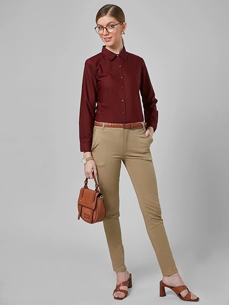 Women Cotton Regular Formal Maroon Shirt - Image 3