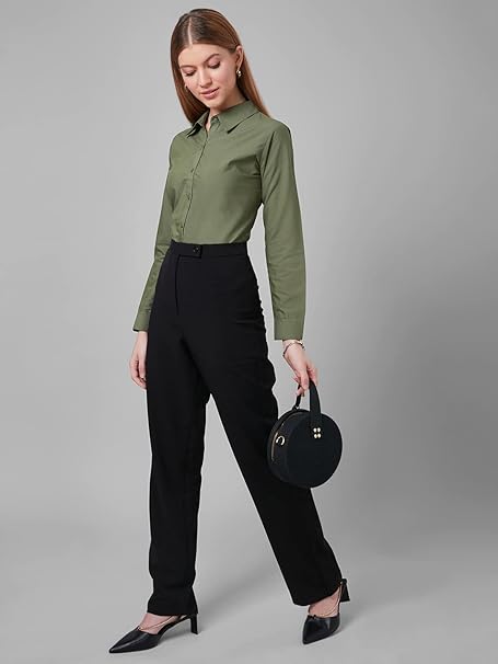 Women Cotton Regular Formal Olive Shirt - Image 3