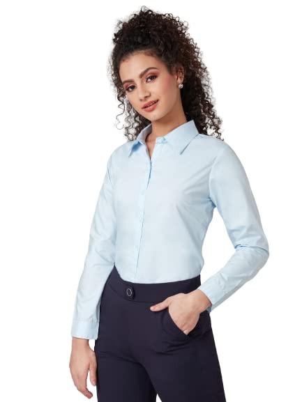 Women Cotton Regular Formal Sky Blue Shirt - Image 3