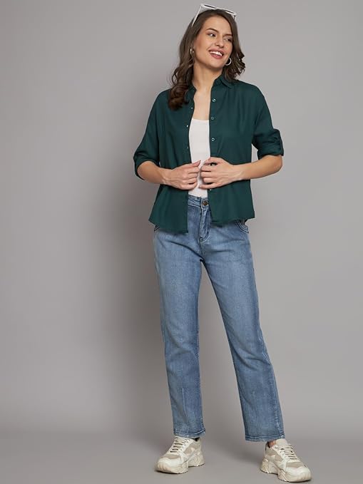 Women Solid Casual Dark Green Shirt - Image 3