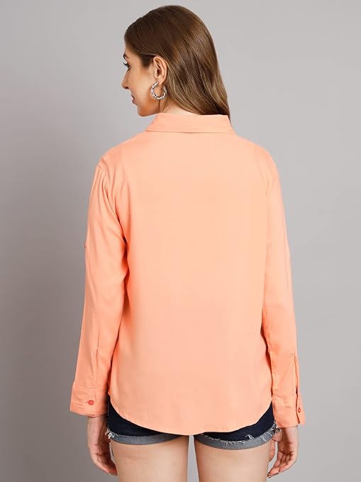 Women Solid Casual Peach Shirt - Image 2