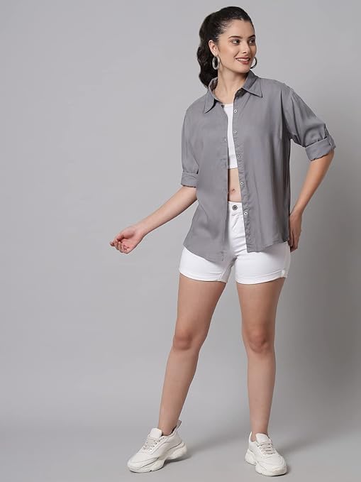 Women Solid Casual Grey Shirt - Image 3