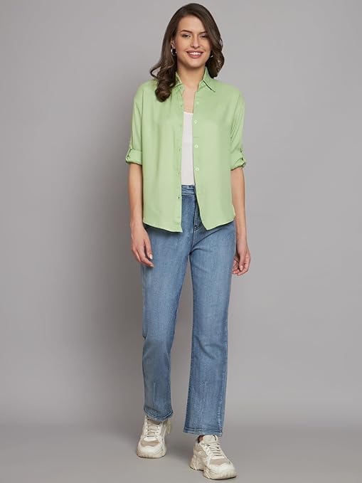Women Solid Casual Pista Green Shirt - Image 3