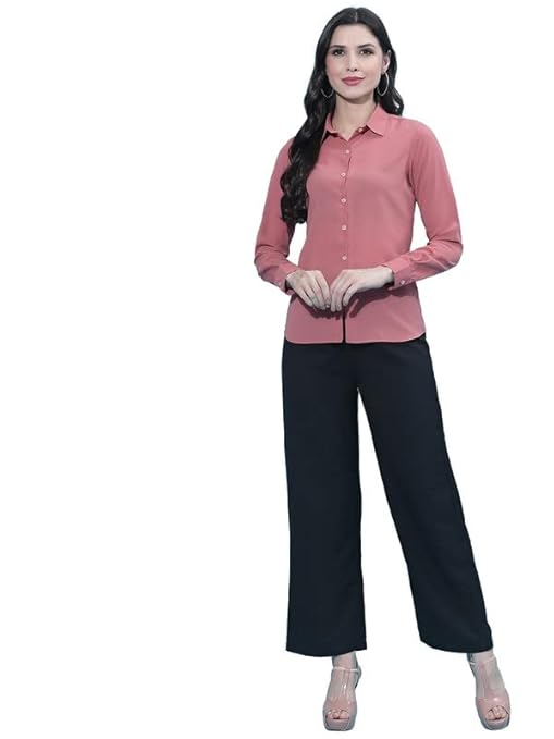 Women Poly Solid Carrot Pink Shirt - Image 3