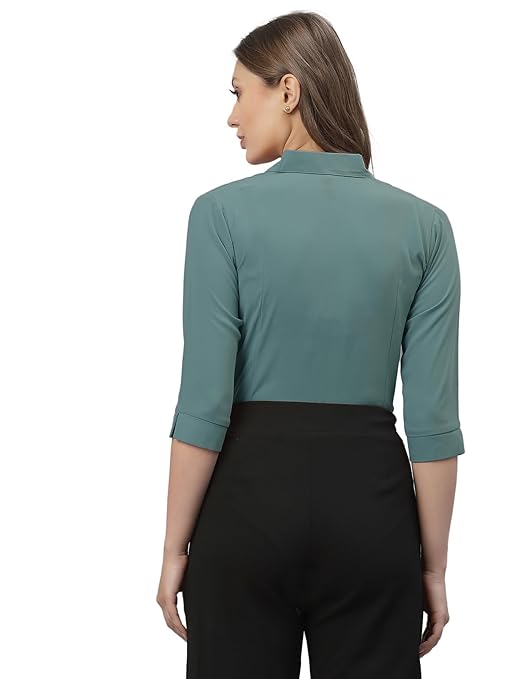 Women Poly Solid Mint Green Shirt - Image 2