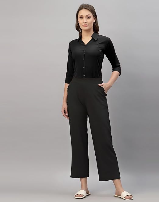 Women Poly Solid Black Shirt - Image 3