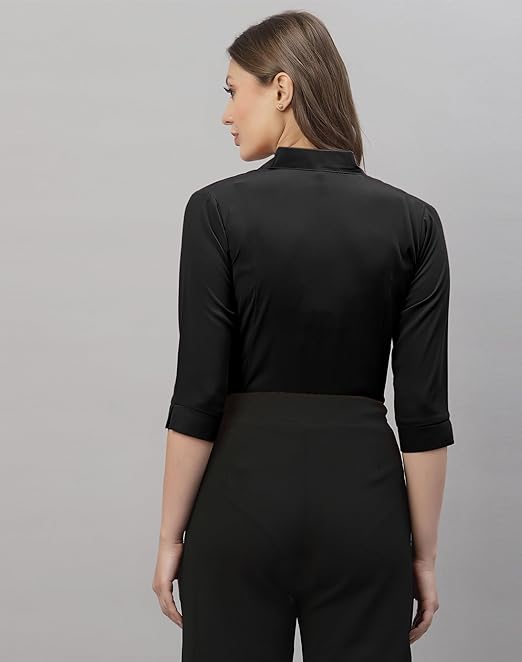 Women Poly Solid Black Shirt - Image 2