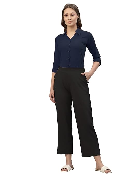 Women Poly Solid Navy Blue Shirt - Image 3