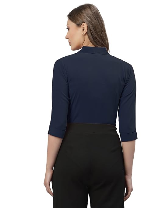 Women Poly Solid Navy Blue Shirt - Image 2