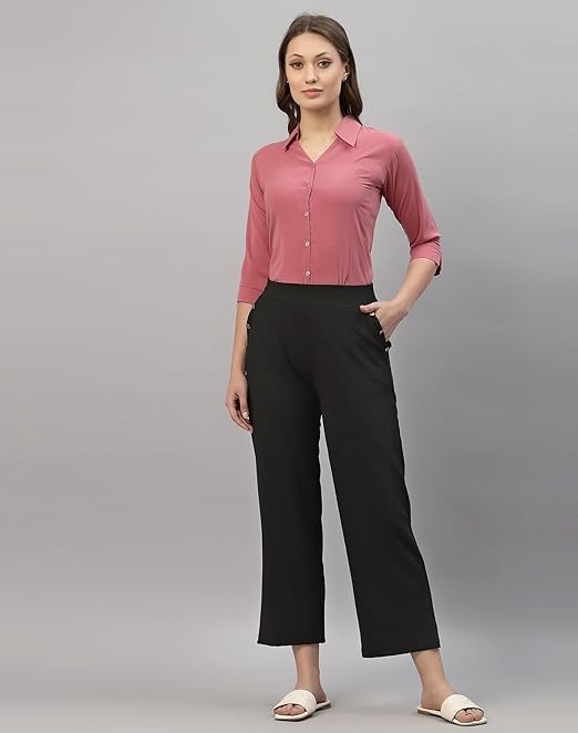 Women Poly Solid Pink Shirt - Image 3