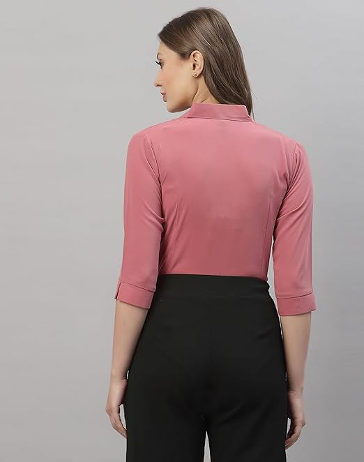 Women Poly Solid Pink Shirt - Image 2