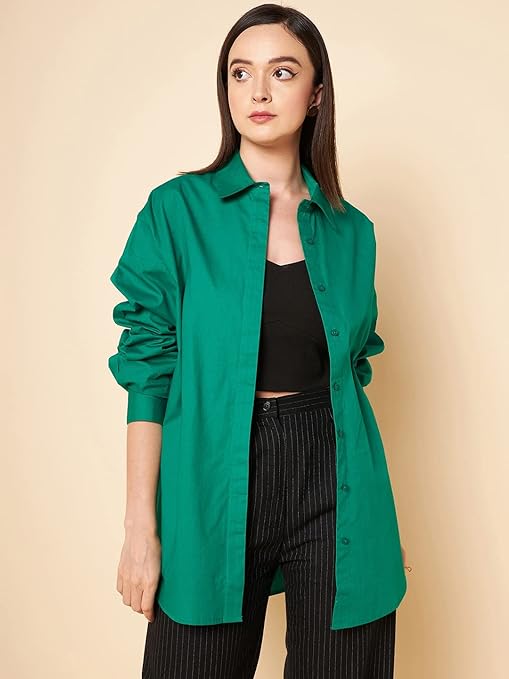 Women Oversized Cotton Green Shirt - Image 3