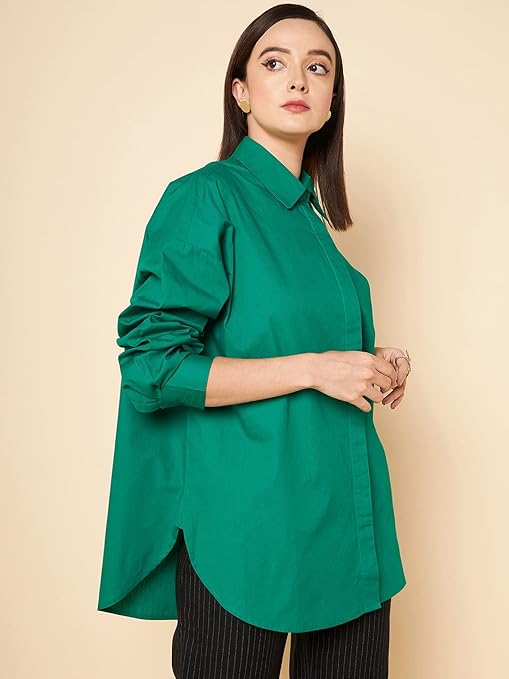 Women Oversized Cotton Green Shirt - Image 2