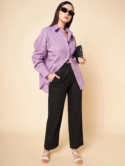 Women Oversized Cotton Lilac Shirt - Image 3
