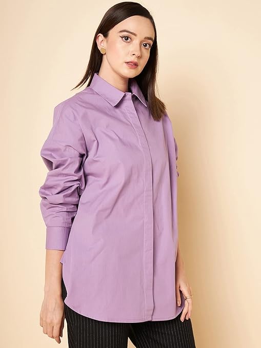 Women Oversized Cotton Lilac Shirt - Image 2