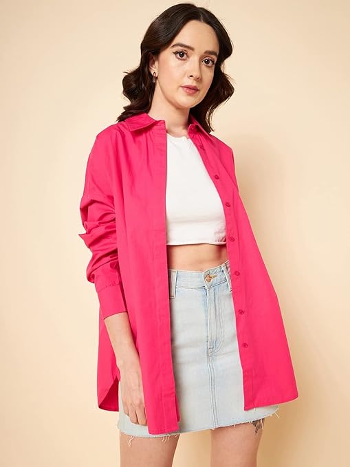 Women Oversized Cotton Pink Shirt - Image 2
