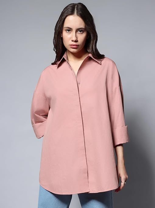 Women Oversized Cotton Pink Shirt - Image 3