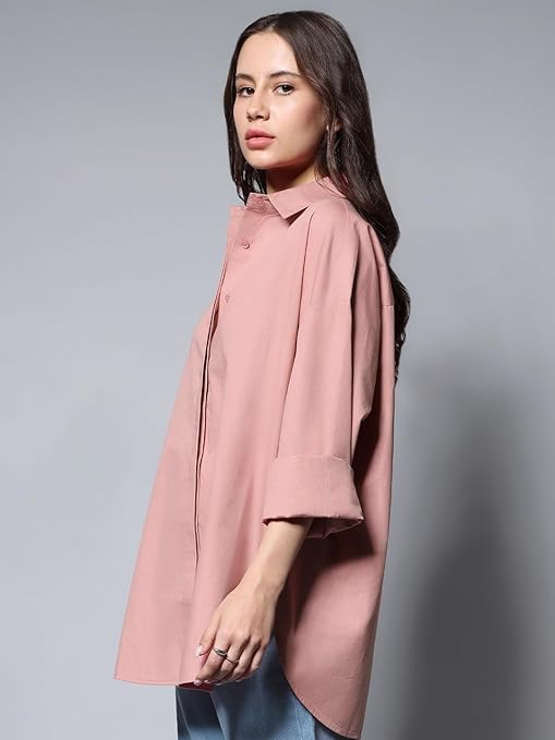 Women Oversized Cotton Pink Shirt - Image 2
