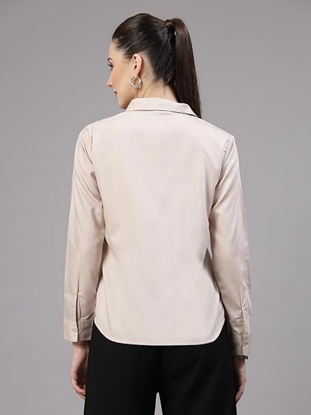 Women Solid Regular Formal Beige Shirt - Image 2