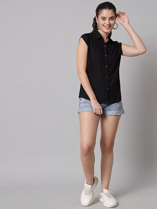 Women Plain Sleevesless Black Shirt - Image 3