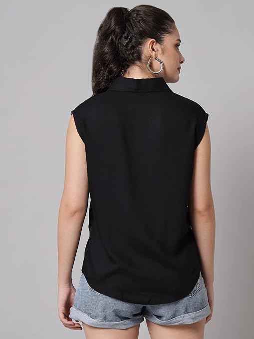 Women Plain Sleevesless Black Shirt - Image 2