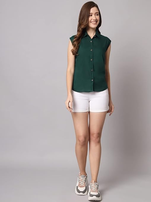 Women Plain Sleevesless Dark Green Shirt - Image 3