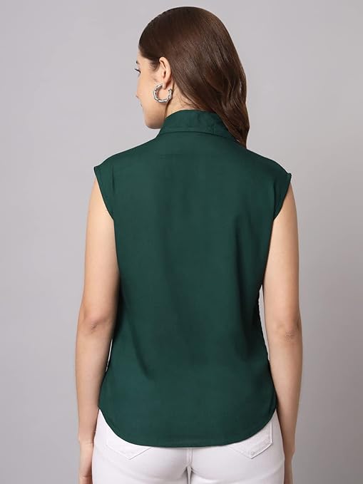 Women Plain Sleevesless Dark Green Shirt - Image 2