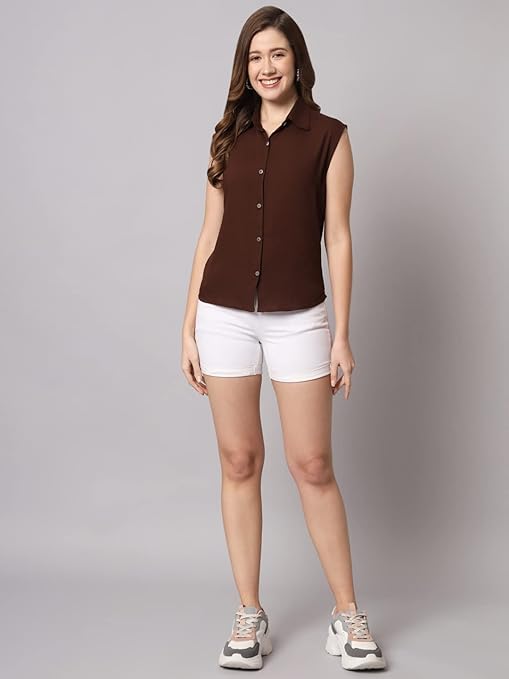 Women Plain Sleevesless Brown Shirt - Image 3