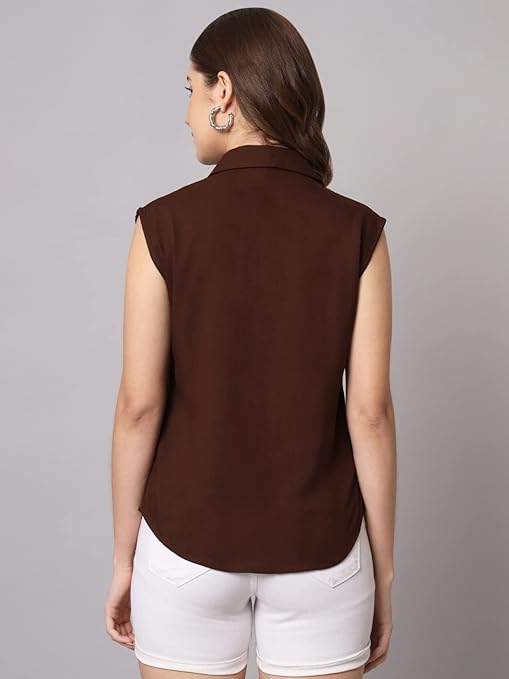 Women Plain Sleevesless Brown Shirt - Image 2